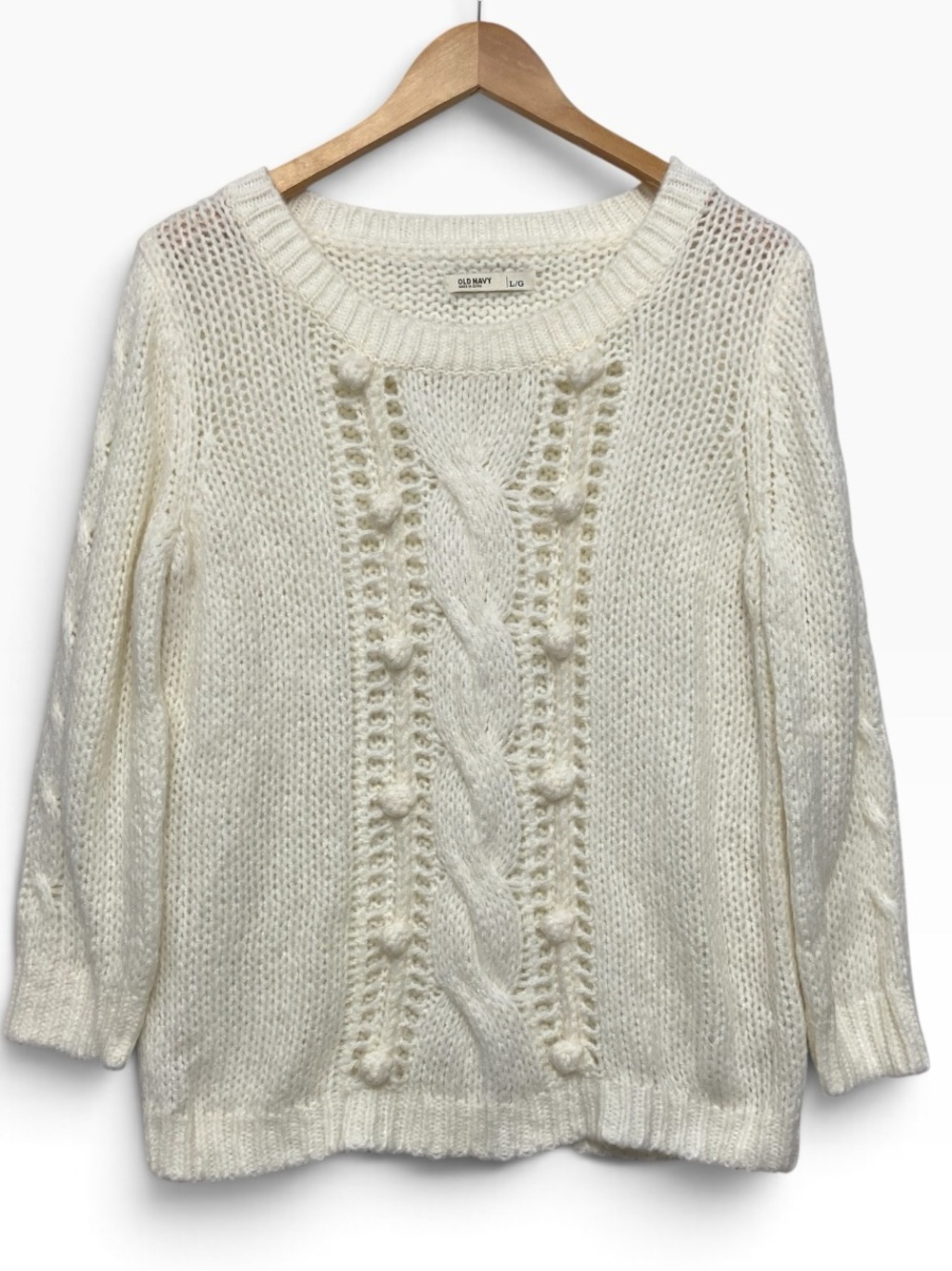 Old Navy Wool Blend Cable Knit Cream Pom Pom Sweater - Women’s Large